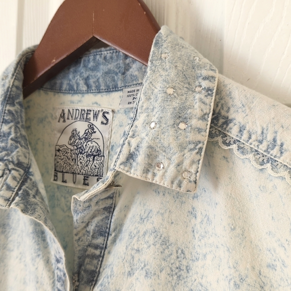 Andrew's Blues 90's Vintage Acid Wash Chambray Long Sleeve Button Down Shirt M - Picture 3 of 14